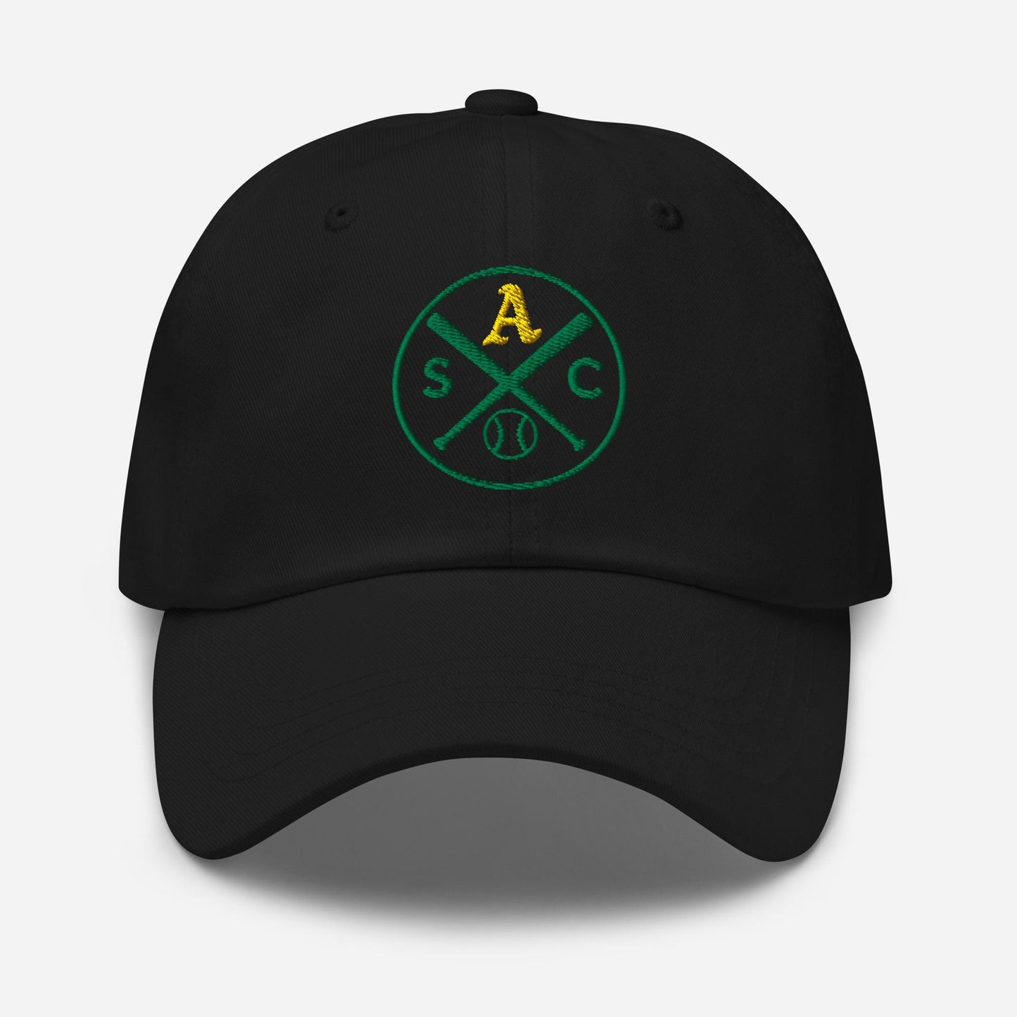 SAC Baseball Logo Cap – Sacramento Baseball Fan Hat (gold A, green logo)