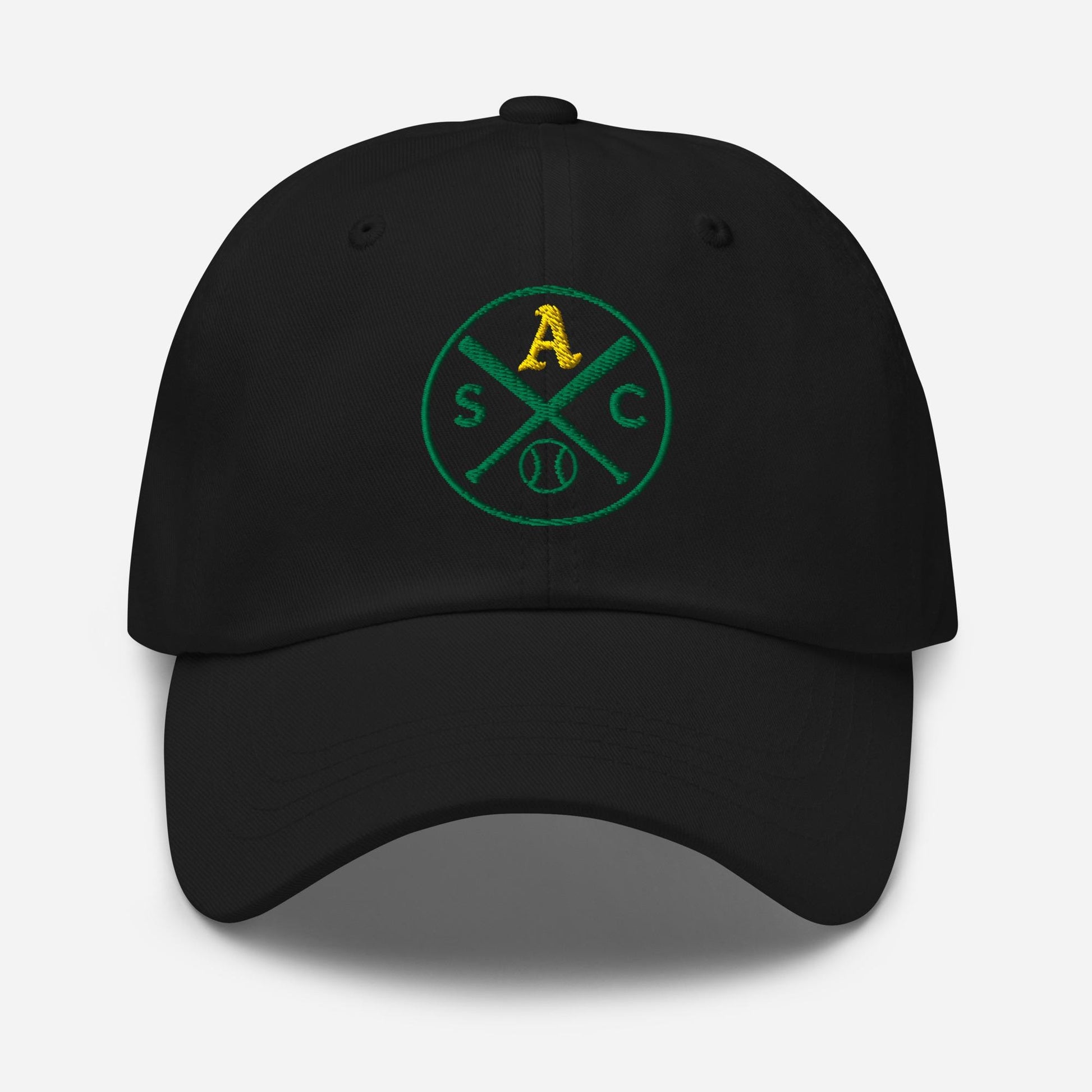 SAC Baseball Logo Cap – Sacramento Baseball Fan Hat (gold A, green logo)