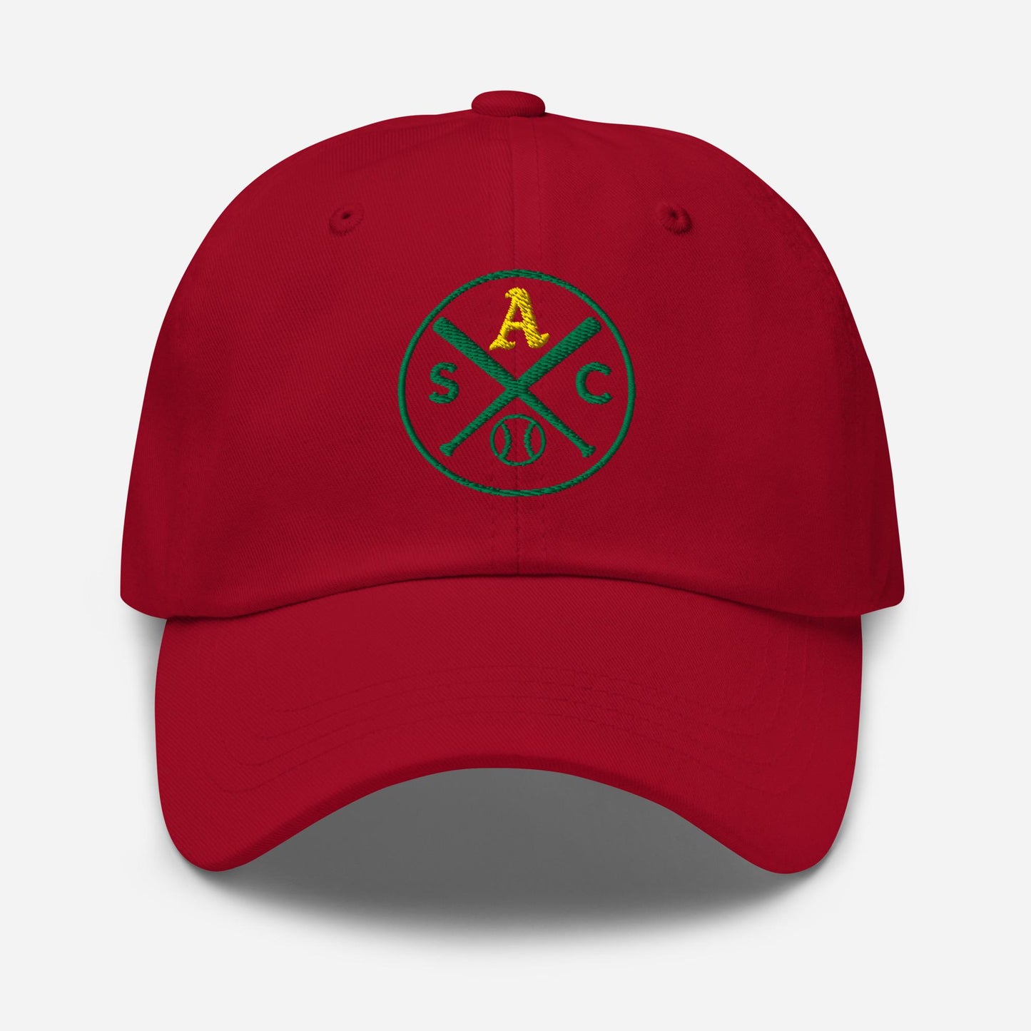 SAC Baseball Logo Cap – Sacramento Baseball Fan Hat (gold A, green logo)