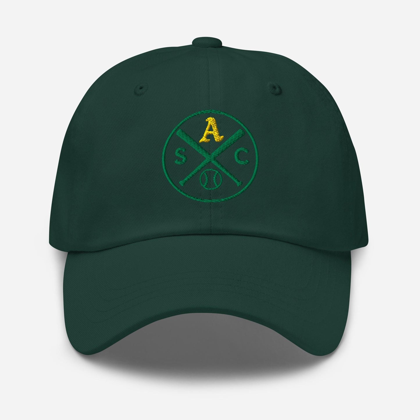 SAC Baseball Logo Cap – Sacramento Baseball Fan Hat (gold A, green logo)