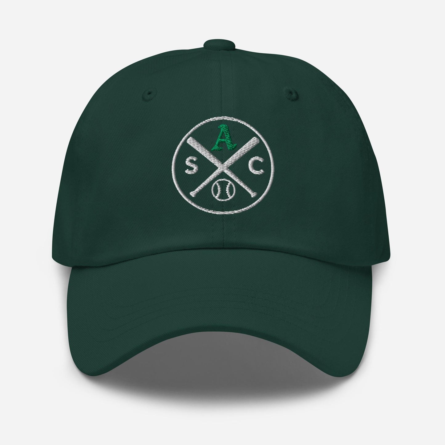 SAC Baseball Logo Cap – Sacramento Baseball Fan Hat (green A, white logo)