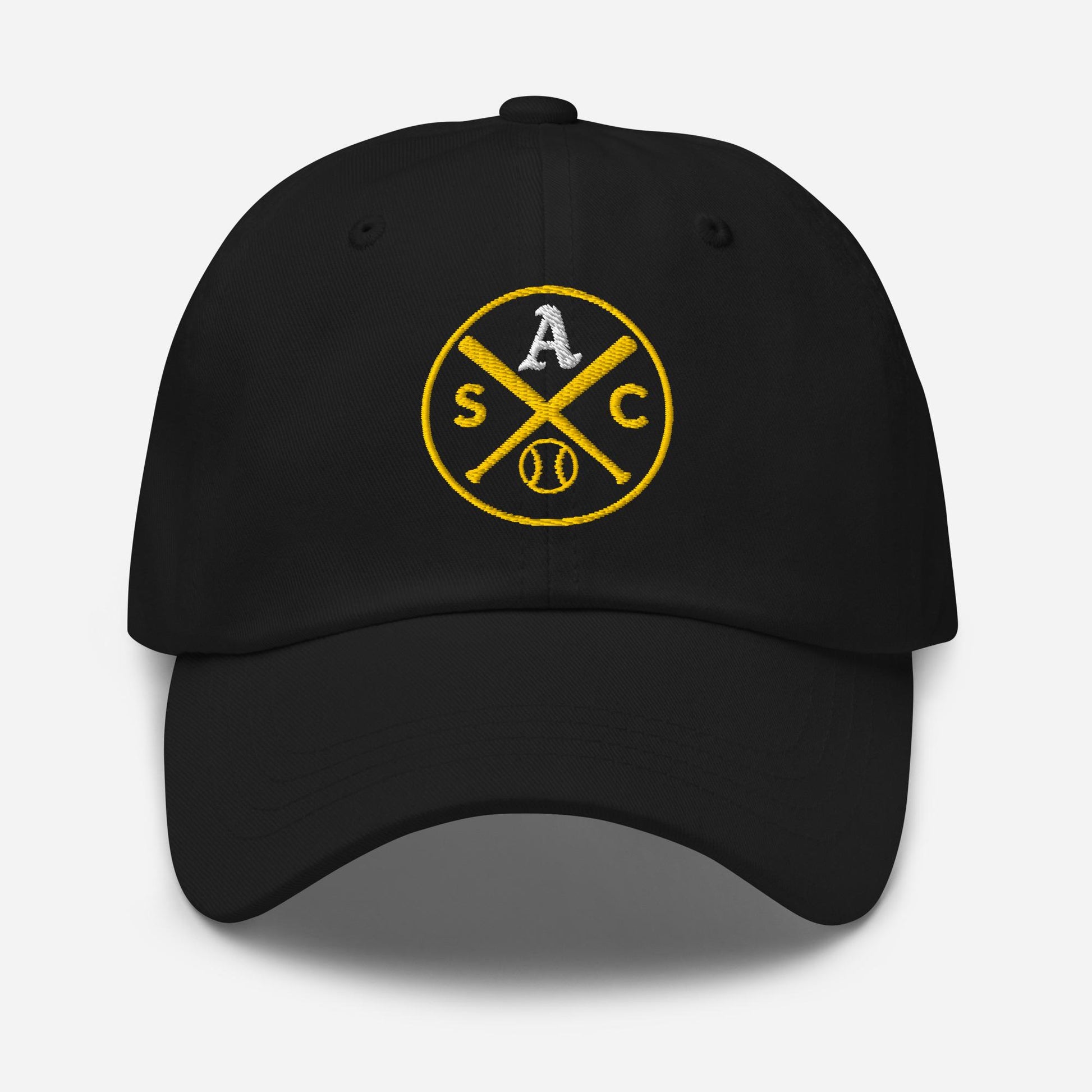 SAC Baseball Logo Cap – Sacramento Baseball Fan Hat (white A, gold logo)