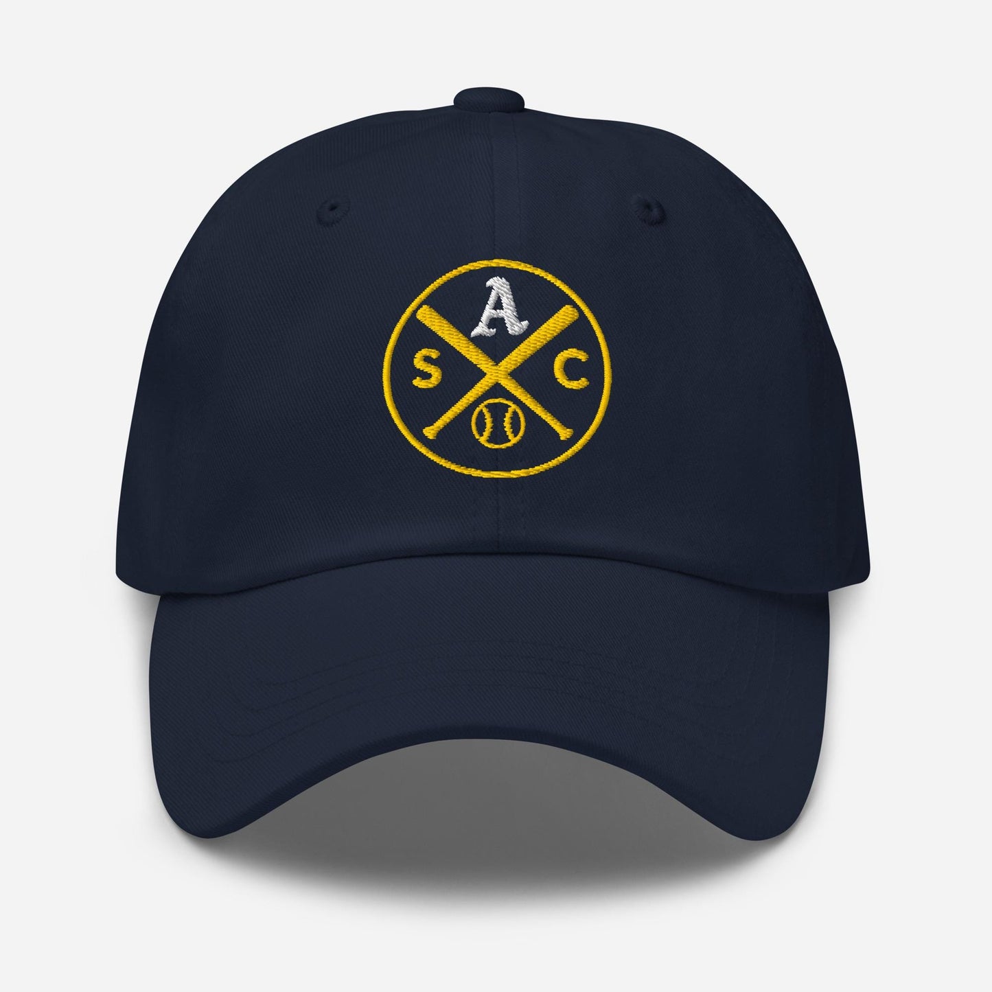 SAC Baseball Logo Cap – Sacramento Baseball Fan Hat (white A, gold logo)